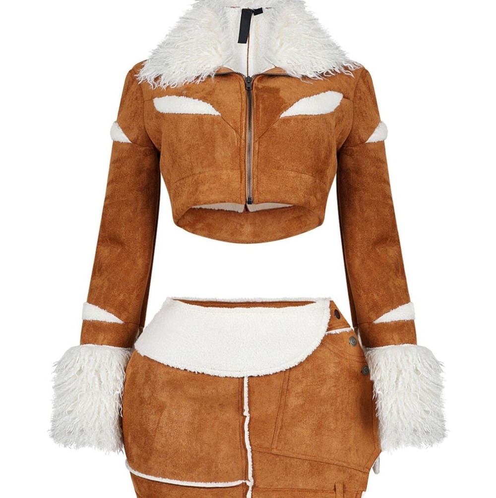 Brown suede faux fur trim zip up jacket and skirt set